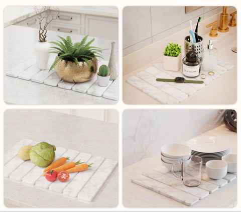 Collage of white stone diatomite dish mats used in various settings including a bathroom, kitchen, and dining area.