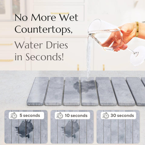 Stone dish mat slate gray Countertop with water droplets drying up quickly, text 'No More Wet Countertops, Water Dries in Seconds!'