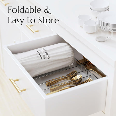 Stone dish mat slate gray Open drawer with folded dish mat and gold cutlery, text 'Foldable & Easy to Store' above.