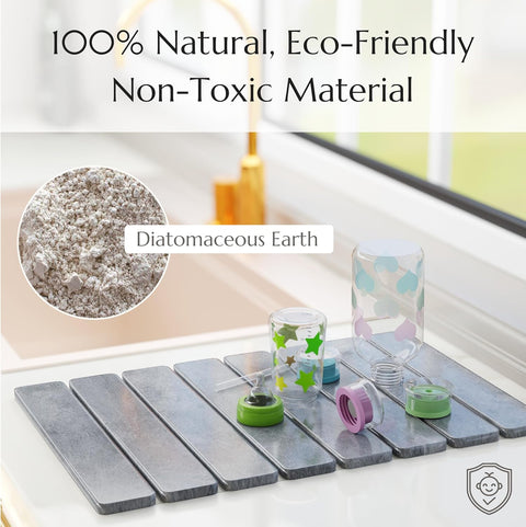 Stone dish mat slate gray Diatomaceous Earth on a bath mat with text highlighting eco-friendliness
