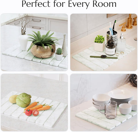 Stone dish mat sage green in various settings including a kitchen and bathroom.