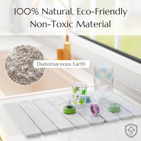 Stone dish mat white Diatomaceous Earth with a glass container on a white surface, labeled as 100% natural, eco-friendly, and non-toxic.