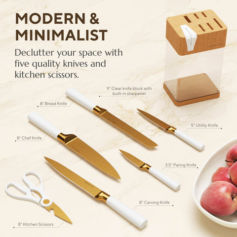 White and Gold Knife Set with Block - 7 Piece Gold Kitchen Knife Set with Sharpener - Vibrant White Knife Set with Kitchen Scissors and Wooden Block