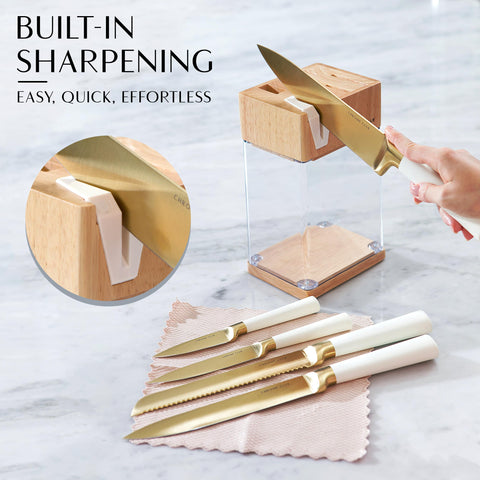 White and Gold Knife Set with Block - 7 Piece Gold Kitchen Knife Set with Sharpener - Vibrant White Knife Set with Kitchen Scissors and Wooden Block