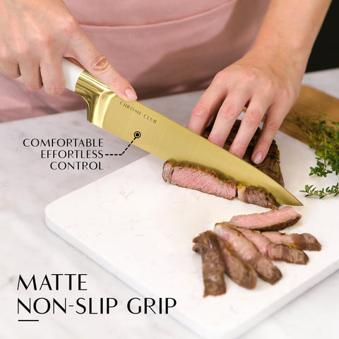 White and Gold Knife Set with Block - 7 Piece Gold Kitchen Knife Set with Sharpener - Vibrant White Knife Set with Kitchen Scissors and Wooden Block