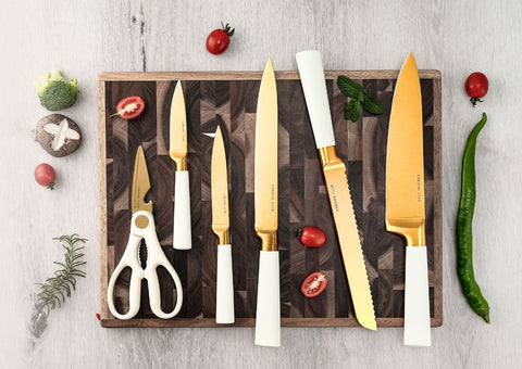 White and Gold Knife Set with Block - 7 Piece Gold Kitchen Knife Set with Sharpener - Vibrant White Knife Set with Kitchen Scissors and Wooden Block