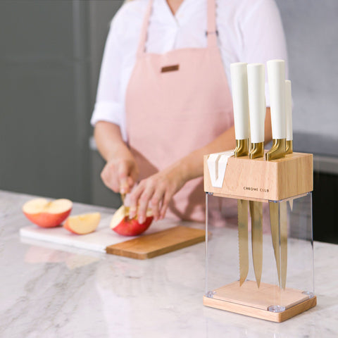 White and Gold Knife Set with Block - 7 Piece Gold Kitchen Knife Set with Sharpener - Vibrant White Knife Set with Kitchen Scissors and Wooden Block