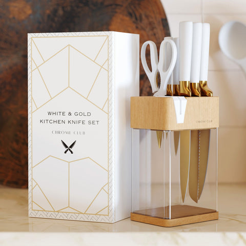 White and Gold Knife Set with Block - 7 Piece Gold Kitchen Knife Set with Sharpener - Vibrant White Knife Set with Kitchen Scissors and Wooden Block