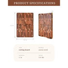 Wooden cutting board with dimensions 15 by 11 inches and material details on a white background