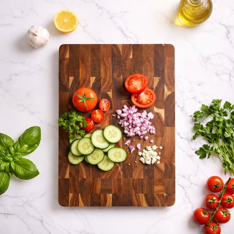 Wooden cutting board with sliced tomatoes on a white surface with various kitchen items.