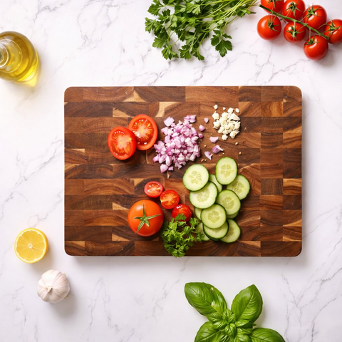 Wooden cutting board with sliced vegetables on a white marble surface