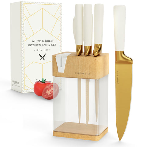 White and Gold Knife Set with Block - 7 Piece Gold Kitchen Knife Set with Sharpener - Vibrant White Knife Set with Kitchen Scissors and Wooden Block