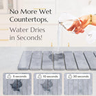 Stone dish mat slate gray Countertop with water droplets drying up quickly, text 'No More Wet Countertops, Water Dries in Seconds!'