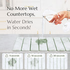Stone dish mat sage green Product demonstrating water drying on a countertop with text 'No More Wet Countertops, Water Dries in Seconds!'