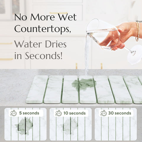 Stone dish mat sage green Product demonstrating water drying on a countertop with text 'No More Wet Countertops, Water Dries in Seconds!'